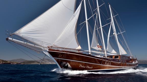 Luxurious gulet Dolce Vita 1 at sea is at full speed. the weather is nice